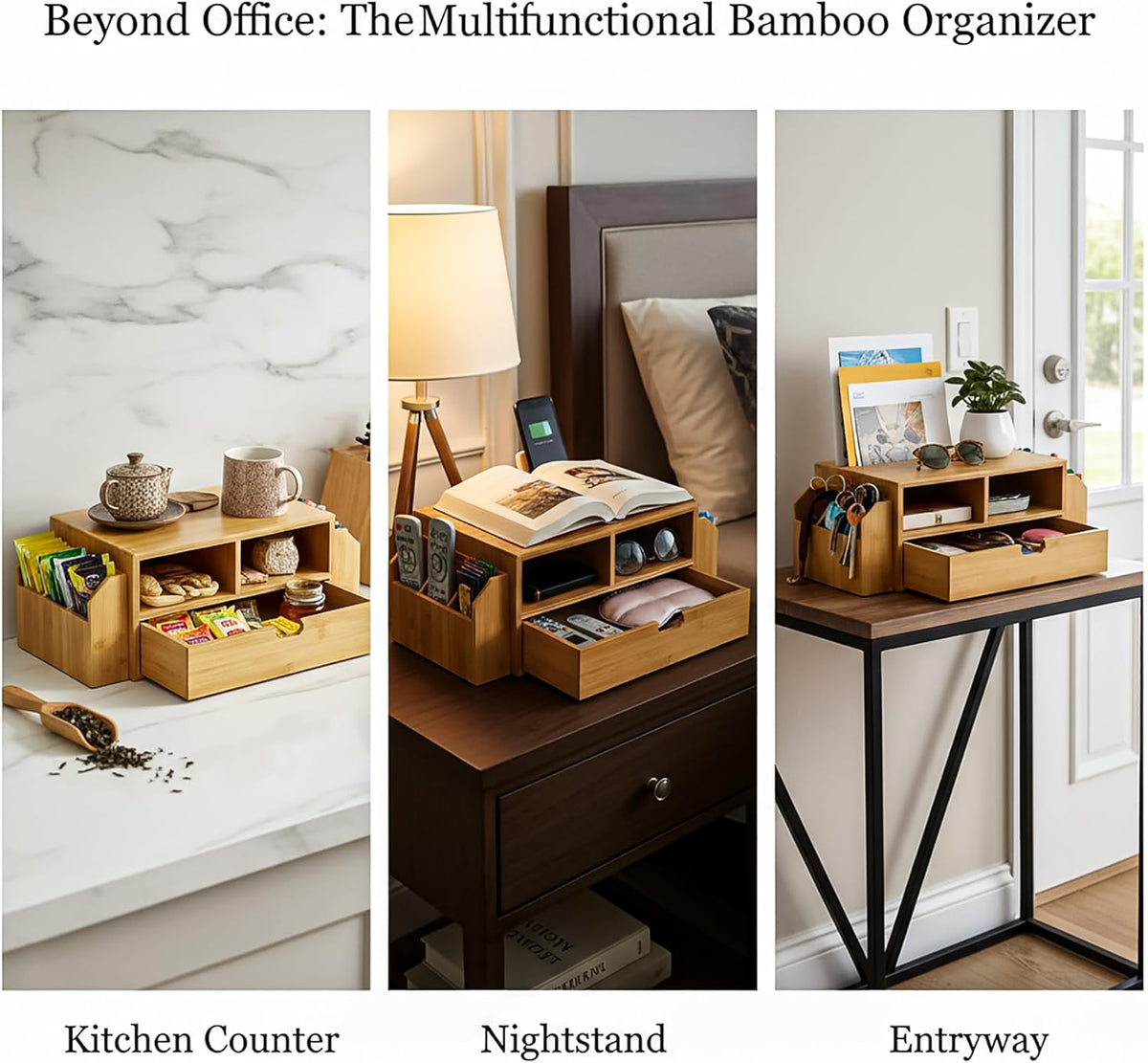 2 Tier Bamboo Desktop Organizer, Desk Monitor Stand Riser with 1 Drawer and 2 Pen Holder, 2 Compartment Computer Desk Storage Organizer for Laptop, Printer