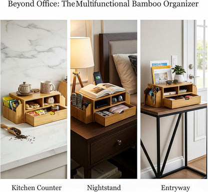 2 Tier Bamboo Desktop Organizer, Desk Monitor Stand Riser with 1 Drawer and 2 Pen Holder, 2 Compartment Computer Desk Storage Organizer for Laptop, Printer