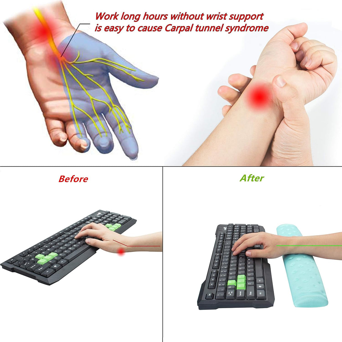 Keyboard Wrist Rest Support Cushion Pad for Computer, Laptop, Office Work, PC Gaming - Memory Foam Gel with Massage Holes Design - Non-Slip Easy Typing Wrist Pain Relief (Black Keyboard Pad)