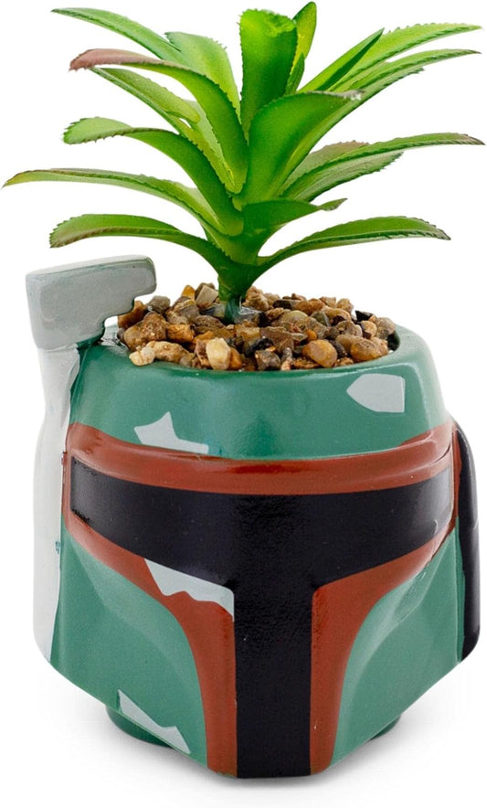 Boba Fett Helmet 3-Inch Ceramic Planter with Artificial Succulent | Small Flower Pot, Faux Indoor Plant for Desk Shelf, Trinket Tray | Cute Home Decor Gifts and Collectibles