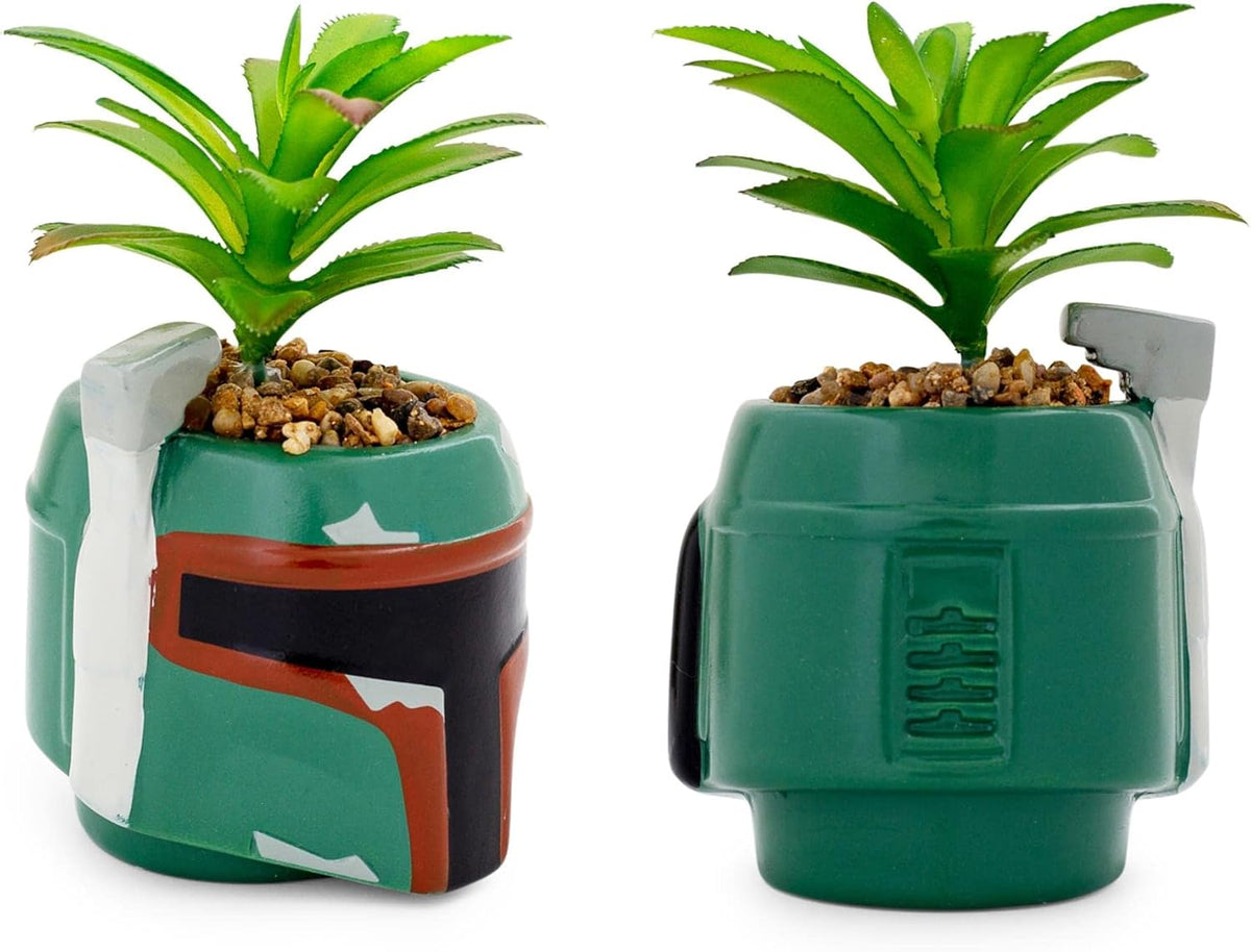 Boba Fett Helmet 3-Inch Ceramic Planter with Artificial Succulent | Small Flower Pot, Faux Indoor Plant for Desk Shelf, Trinket Tray | Cute Home Decor Gifts and Collectibles