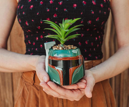 Boba Fett Helmet 3-Inch Ceramic Planter with Artificial Succulent | Small Flower Pot, Faux Indoor Plant for Desk Shelf, Trinket Tray | Cute Home Decor Gifts and Collectibles