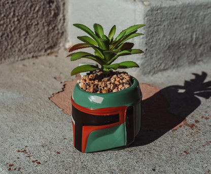 Boba Fett Helmet 3-Inch Ceramic Planter with Artificial Succulent | Small Flower Pot, Faux Indoor Plant for Desk Shelf, Trinket Tray | Cute Home Decor Gifts and Collectibles