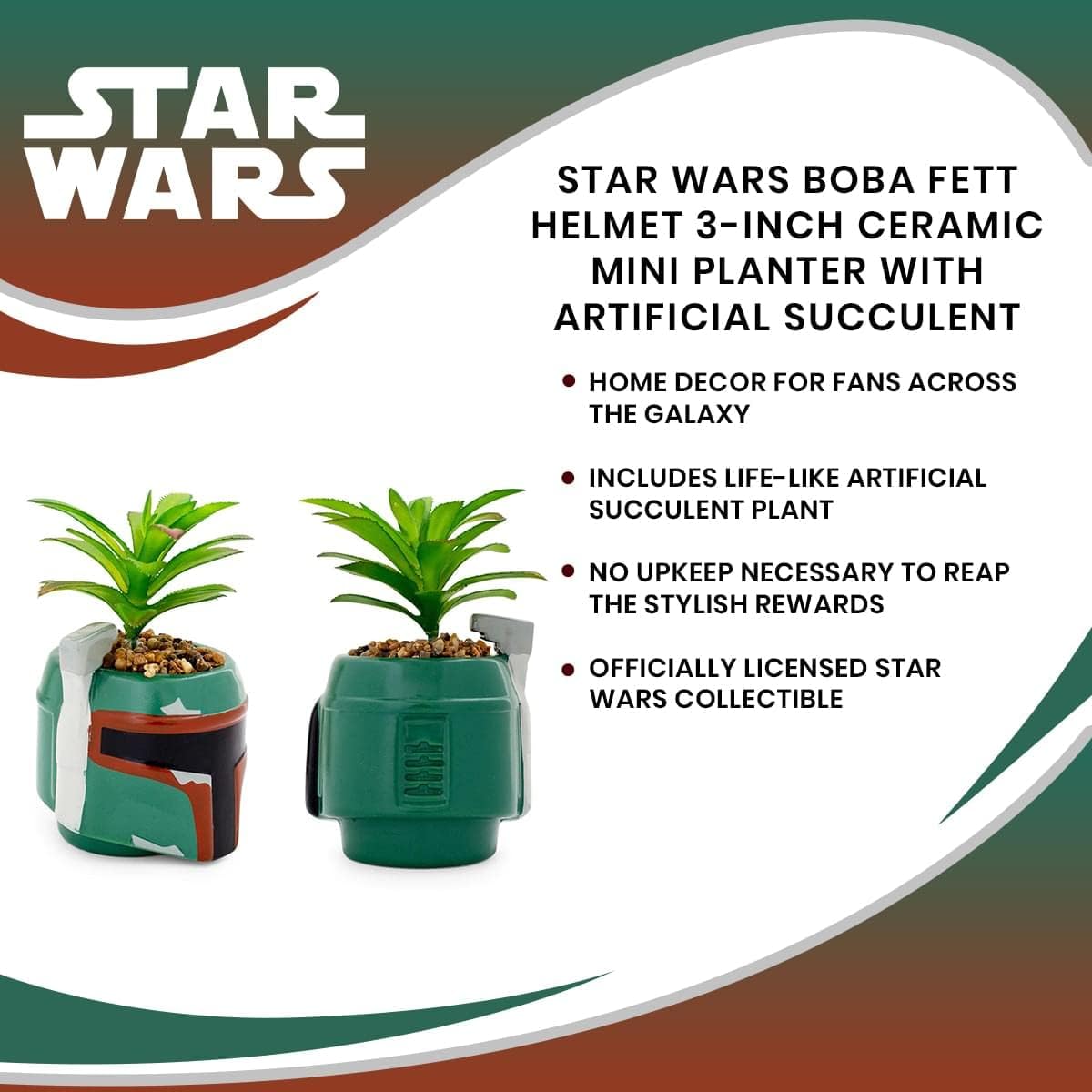 Boba Fett Helmet 3-Inch Ceramic Planter with Artificial Succulent | Small Flower Pot, Faux Indoor Plant for Desk Shelf, Trinket Tray | Cute Home Decor Gifts and Collectibles