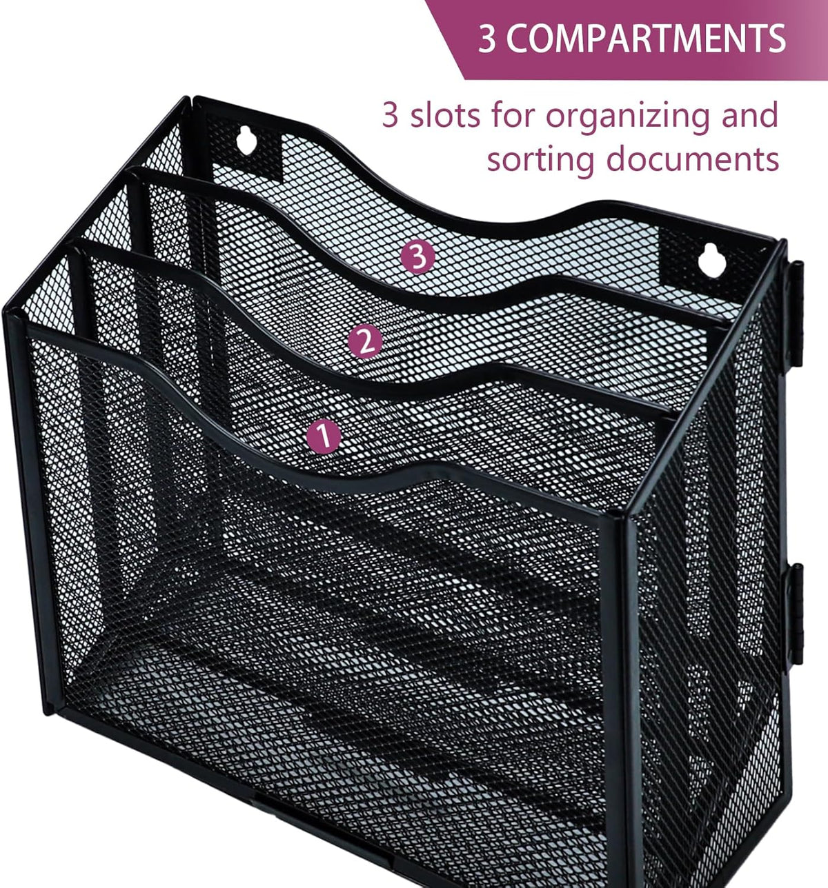 Desk File Organizer, Metal Mesh File Folder Holder Stand with 3 Vertical Compartments Rack, Wall File Organizer File Sorter for Office Supplies Desktop Organization, Black