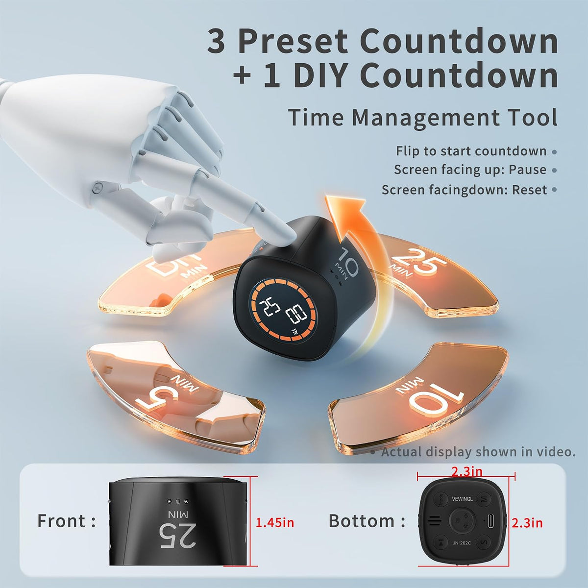Cube Productivity Timer, 25/5/10/45 Min Presets, Desk Flip Timer for Pomodoro Study Sessions, Vibration & Custom Modes for ADHD, Work, Study & Kitchen (Black)