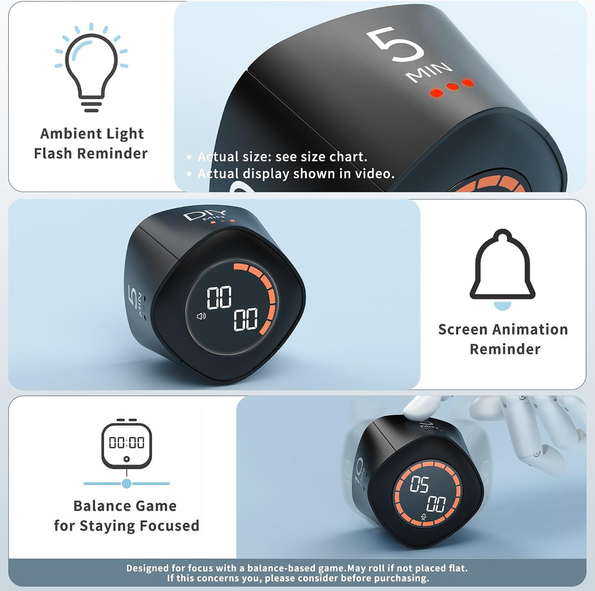 Cube Productivity Timer, 25/5/10/45 Min Presets, Desk Flip Timer for Pomodoro Study Sessions, Vibration & Custom Modes for ADHD, Work, Study & Kitchen (Black)