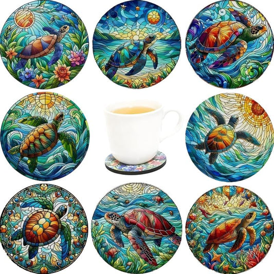Wood Coasters Set of 8 - Handcrafted Drink Coaster Thick Heat-Resistant for Office, Bar, Farmhouse - Cute Turtle Drink Cup Coasters for Table Protection