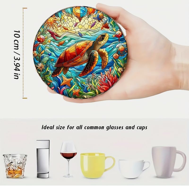 Wood Coasters Set of 8 - Handcrafted Drink Coaster Thick Heat-Resistant for Office, Bar, Farmhouse - Cute Turtle Drink Cup Coasters for Table Protection
