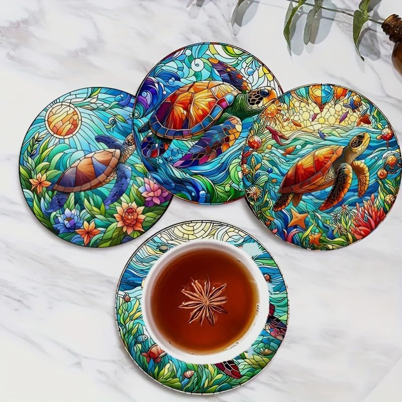 Wood Coasters Set of 8 - Handcrafted Drink Coaster Thick Heat-Resistant for Office, Bar, Farmhouse - Cute Turtle Drink Cup Coasters for Table Protection