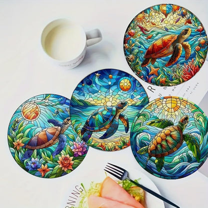Wood Coasters Set of 8 - Handcrafted Drink Coaster Thick Heat-Resistant for Office, Bar, Farmhouse - Cute Turtle Drink Cup Coasters for Table Protection