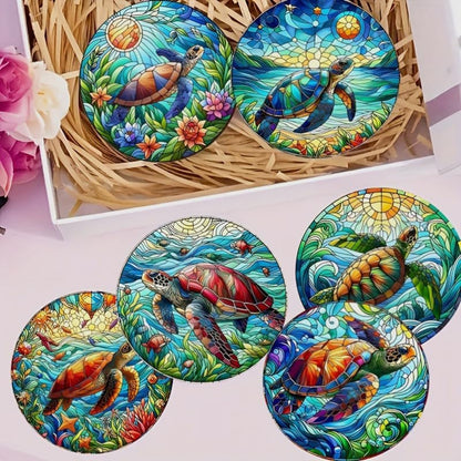 Wood Coasters Set of 8 - Handcrafted Drink Coaster Thick Heat-Resistant for Office, Bar, Farmhouse - Cute Turtle Drink Cup Coasters for Table Protection