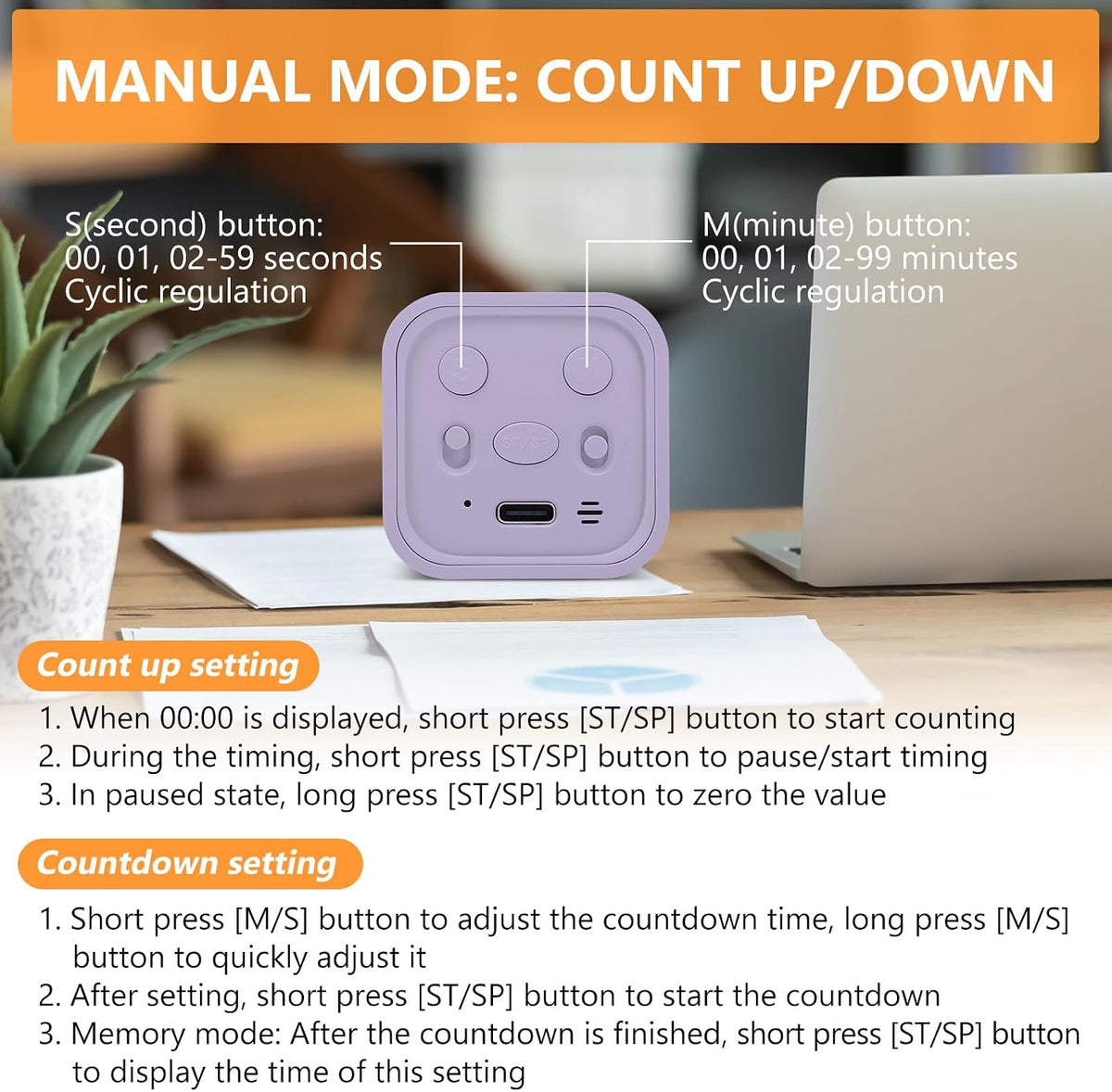 Multi-Function Cube Timer, 5/10/30/60 Min & Custom Count Down, Included Pause & Resume Feature, Silent, Vibrate & Adjustable Sound Alarm for Productivity in Tasks, Study & Kitchen, Purple
