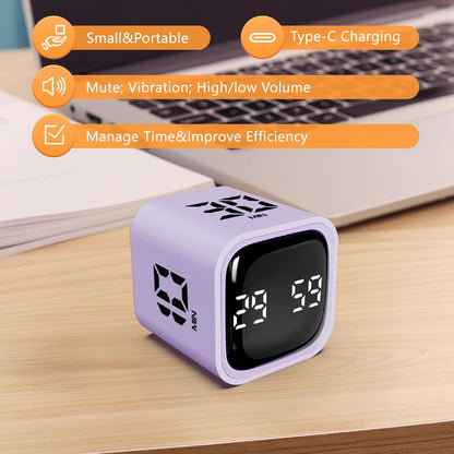 Multi-Function Cube Timer, 5/10/30/60 Min & Custom Count Down, Included Pause & Resume Feature, Silent, Vibrate & Adjustable Sound Alarm for Productivity in Tasks, Study & Kitchen, Purple