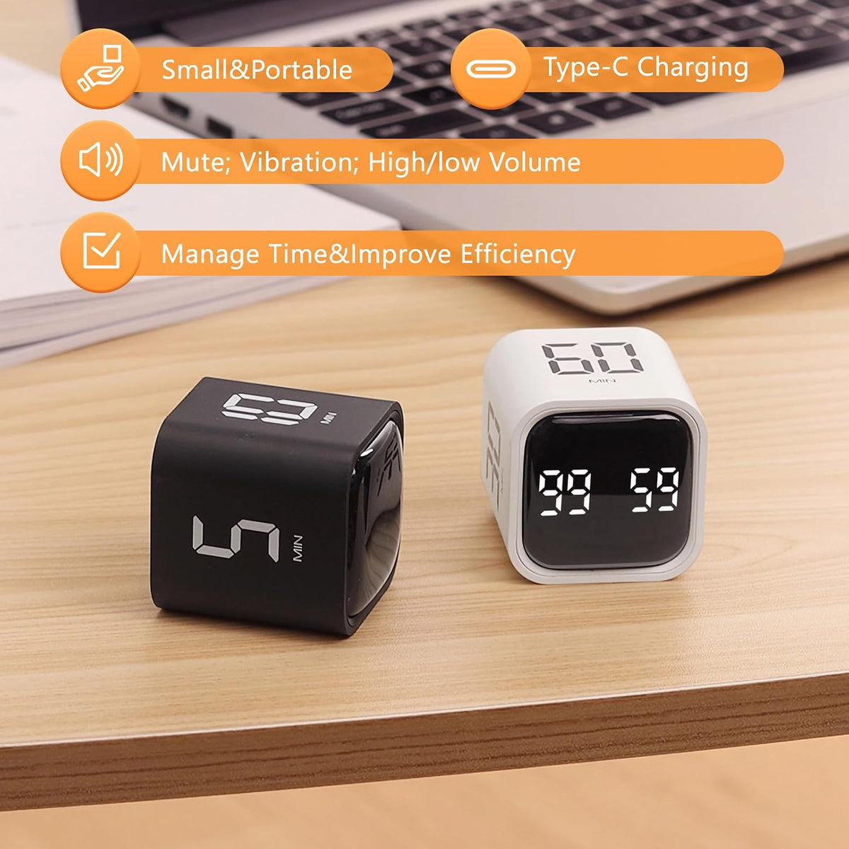 Multi-Function Cube Timer, 5/10/30/60 Min & Custom Count Down, Included Pause & Resume Feature, Silent, Vibrate & Adjustable Sound Alarm for Productivity in Tasks, Study & Kitchen, Purple