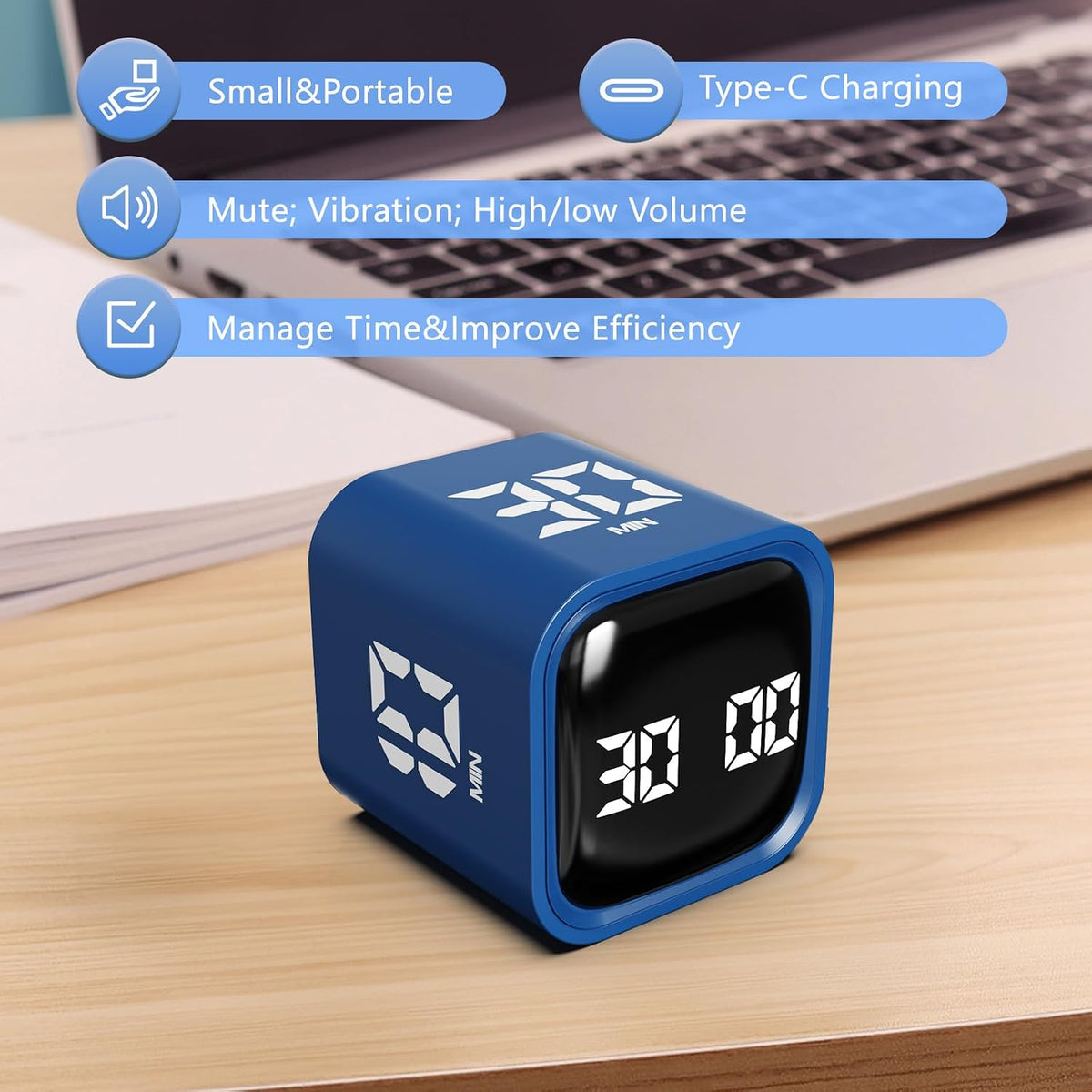 Multi-Function Cube Timer, 5/10/30/60 Min & Custom Count Down, Included Pause & Resume Feature, Silent, Vibrate & Adjustable Sound Alarm for Productivity in Tasks, Study & Kitchen, Purple