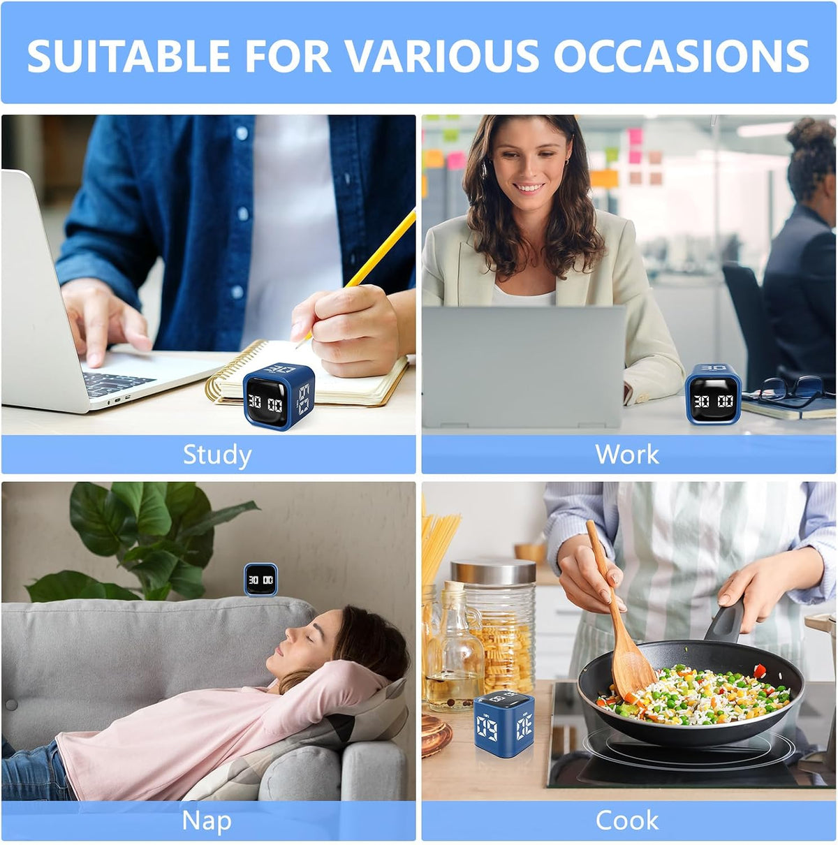 Multi-Function Cube Timer, 5/10/30/60 Min & Custom Count Down, Included Pause & Resume Feature, Silent, Vibrate & Adjustable Sound Alarm for Productivity in Tasks, Study & Kitchen, Purple