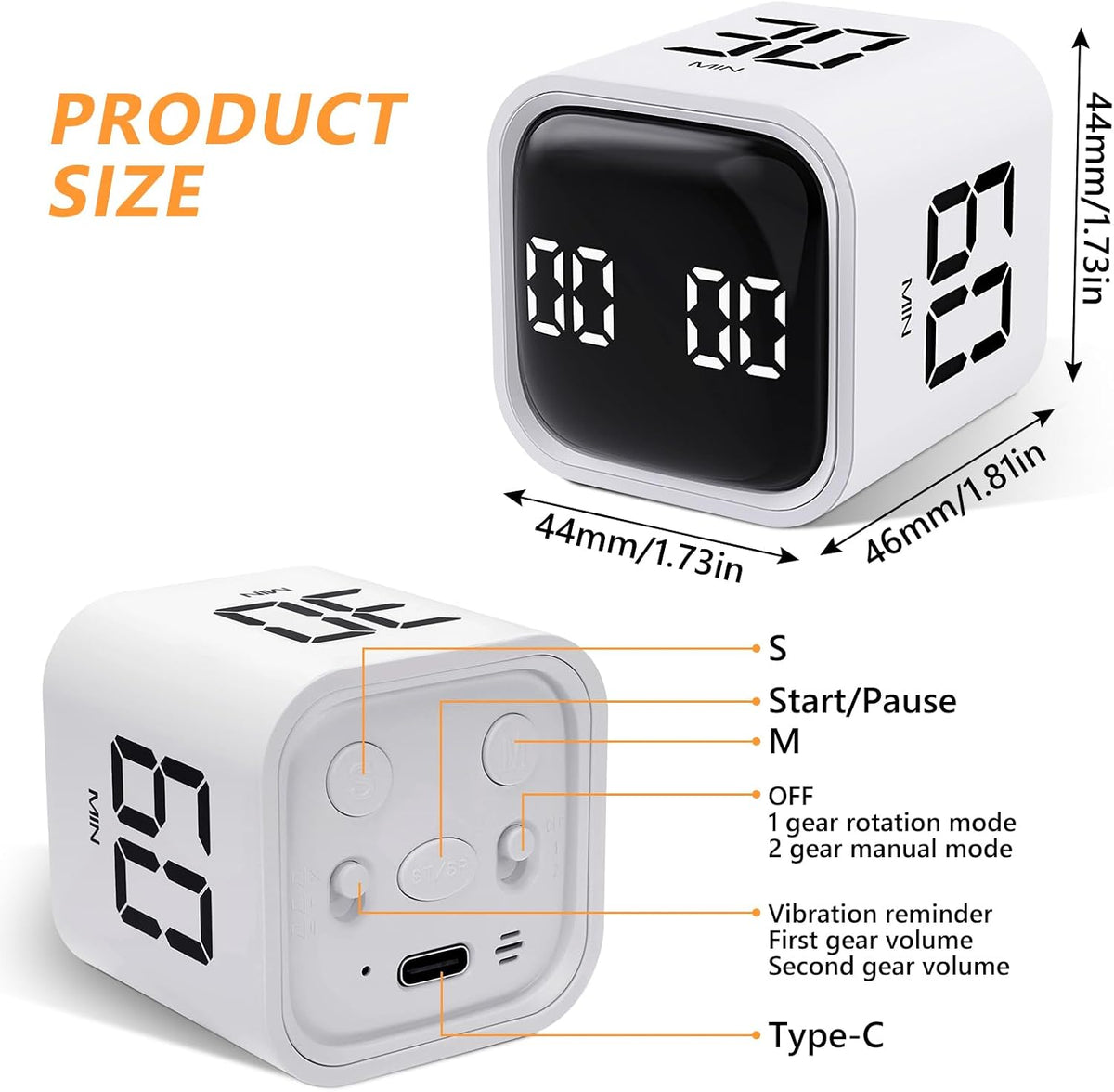 Multi-Function Cube Timer, 5/10/30/60 Min & Custom Count Down, Included Pause & Resume Feature, Silent, Vibrate & Adjustable Sound Alarm for Productivity in Tasks, Study & Kitchen, Purple