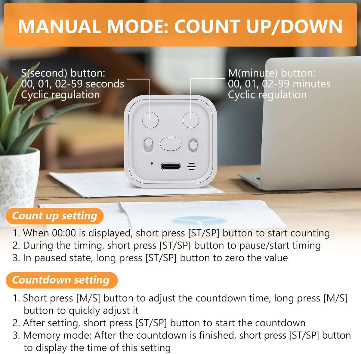 Multi-Function Cube Timer, 5/10/30/60 Min & Custom Count Down, Included Pause & Resume Feature, Silent, Vibrate & Adjustable Sound Alarm for Productivity in Tasks, Study & Kitchen, Purple