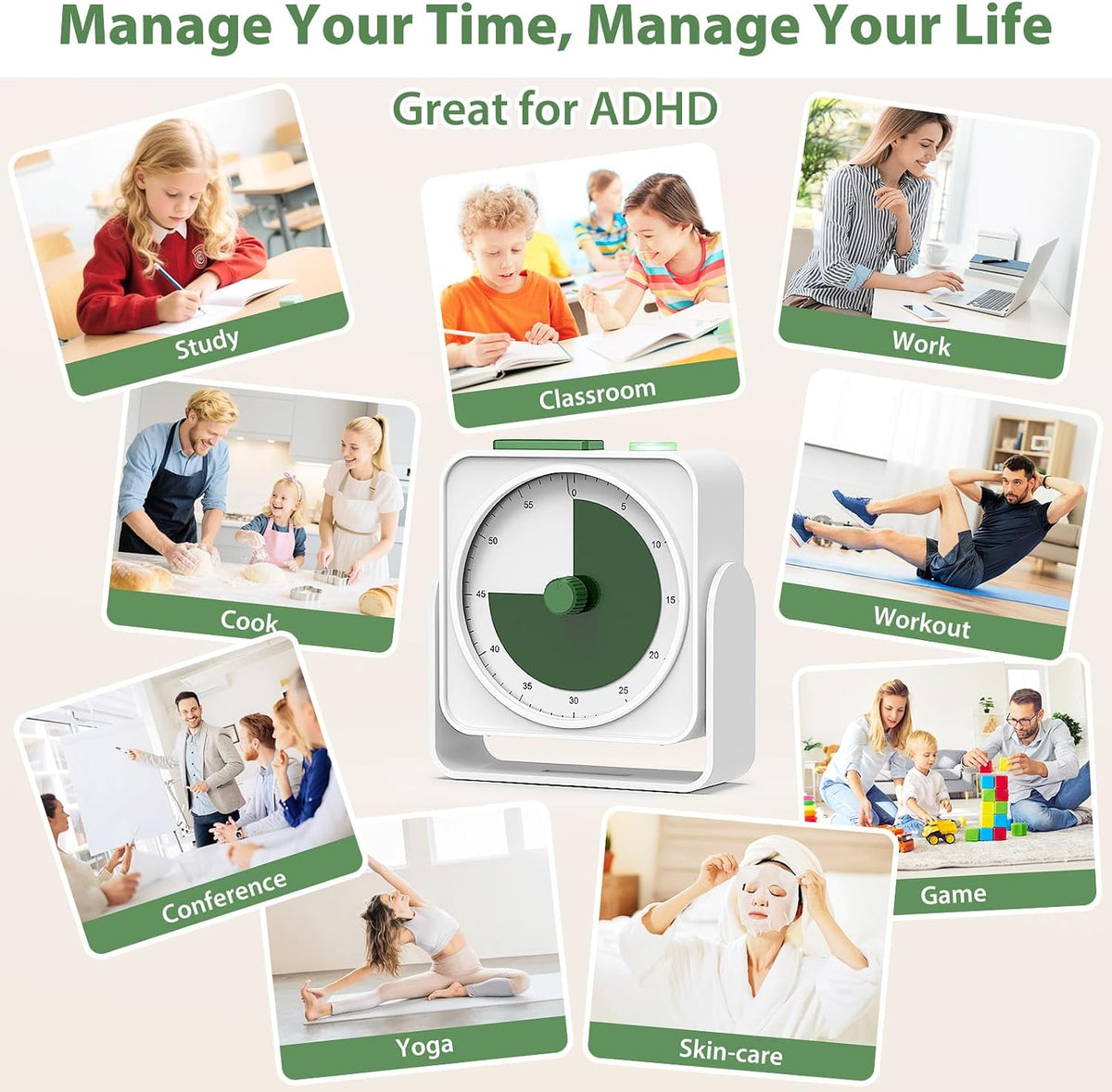 Rechargeable Visual Timer 60-Minute for Classroom Countdown Stopwatch Timer, w/Adjustable Stand for Homeschool Supplies Study Time Management Tool, for Desk Office Work Meetings, Mute Function, White