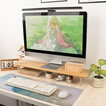 Bamboo Monitor Stand Riser, Natural Desk Shelf with Acrylic Legs