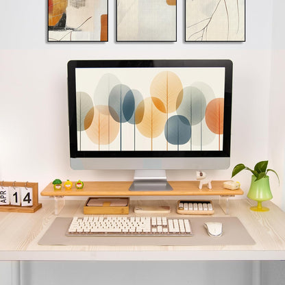 Bamboo Monitor Stand Riser, Natural Desk Shelf with Acrylic Legs