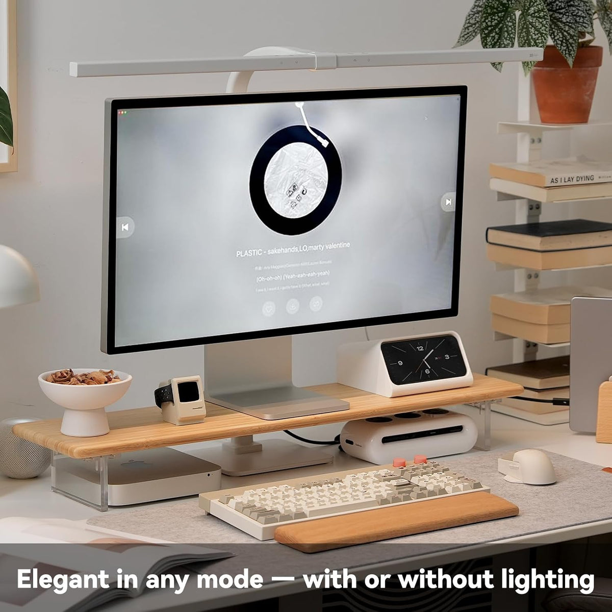 Bamboo Monitor Stand Riser, Natural Desk Shelf with Acrylic Legs