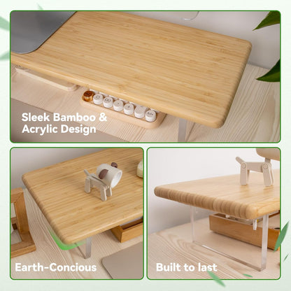 Bamboo Monitor Stand Riser, Natural Desk Shelf with Acrylic Legs