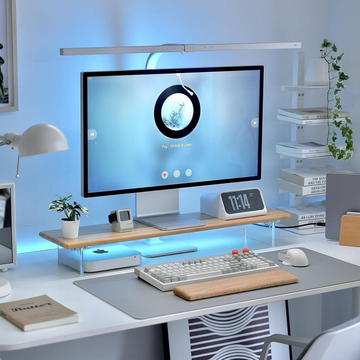 Bamboo Monitor Stand Riser, Natural Desk Shelf with Acrylic Legs
