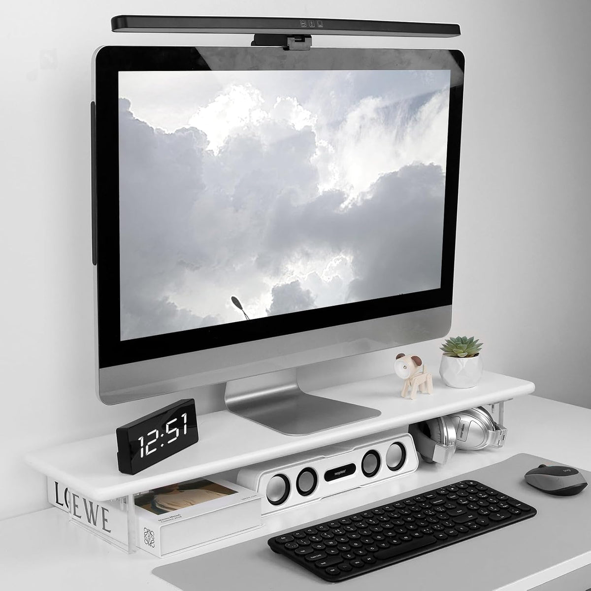 Bamboo Monitor Stand Riser, Natural Desk Shelf with Acrylic Legs