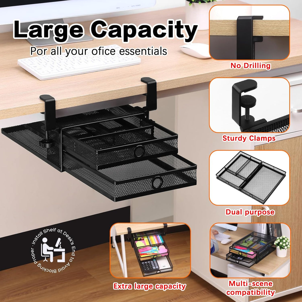 Under Desk & Desktop Drawer Organizer, 2-Tier Big Capacity