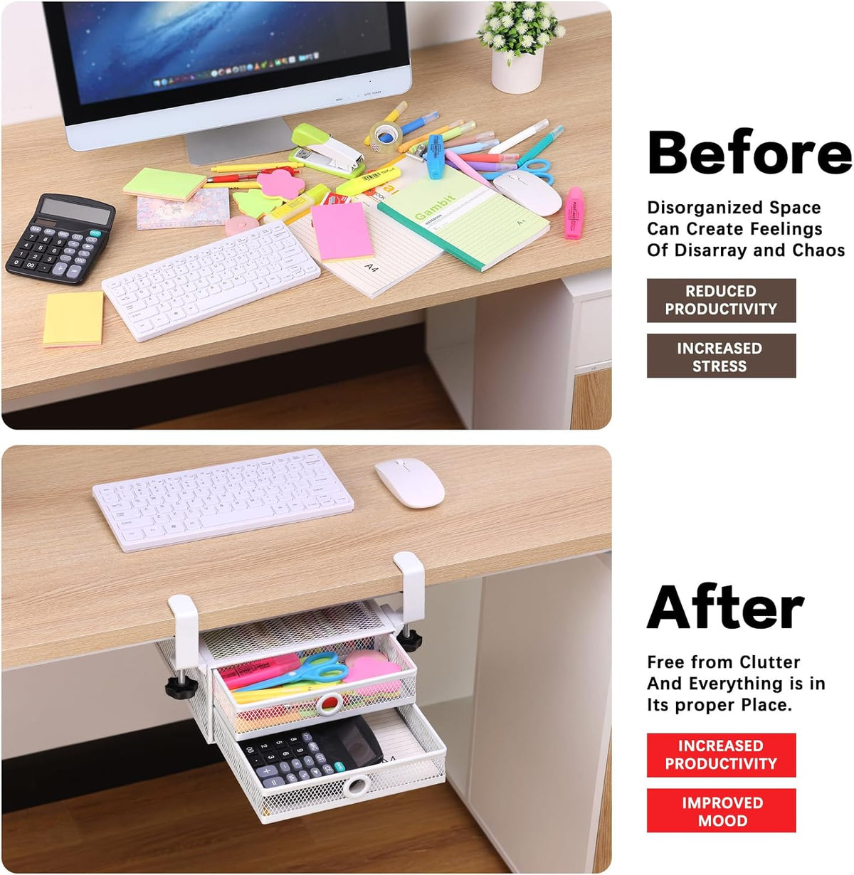 Under Desk & Desktop Drawer Organizer, 2-Tier Big Capacity