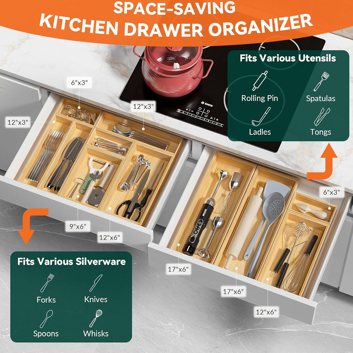 Bamboo Kitchen Drawer Organizer, 2 Pack, 15" x 6" x 2"