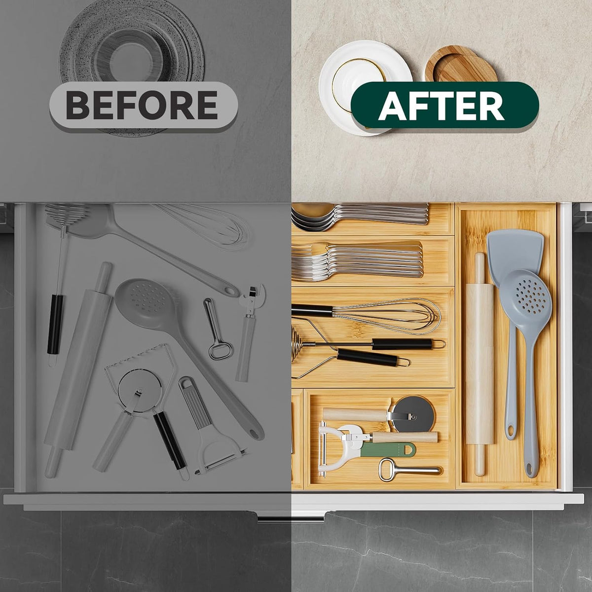 Bamboo Kitchen Drawer Organizer, 2 Pack, 15" x 6" x 2"