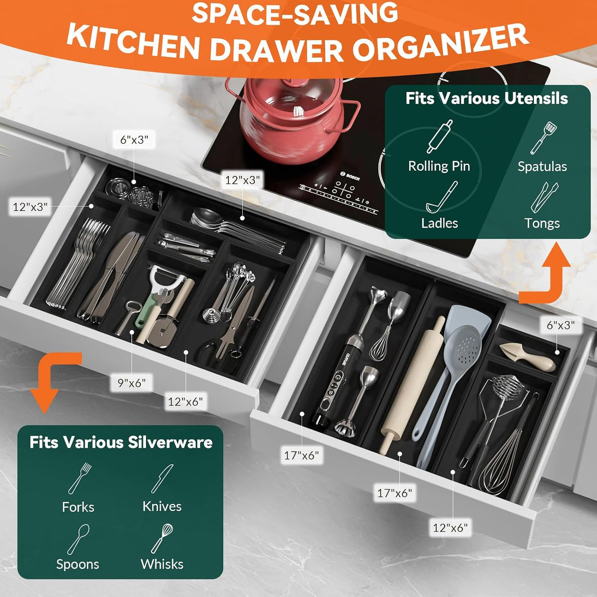Bamboo Kitchen Drawer Organizer, 2 Pack, 15" x 6" x 2"