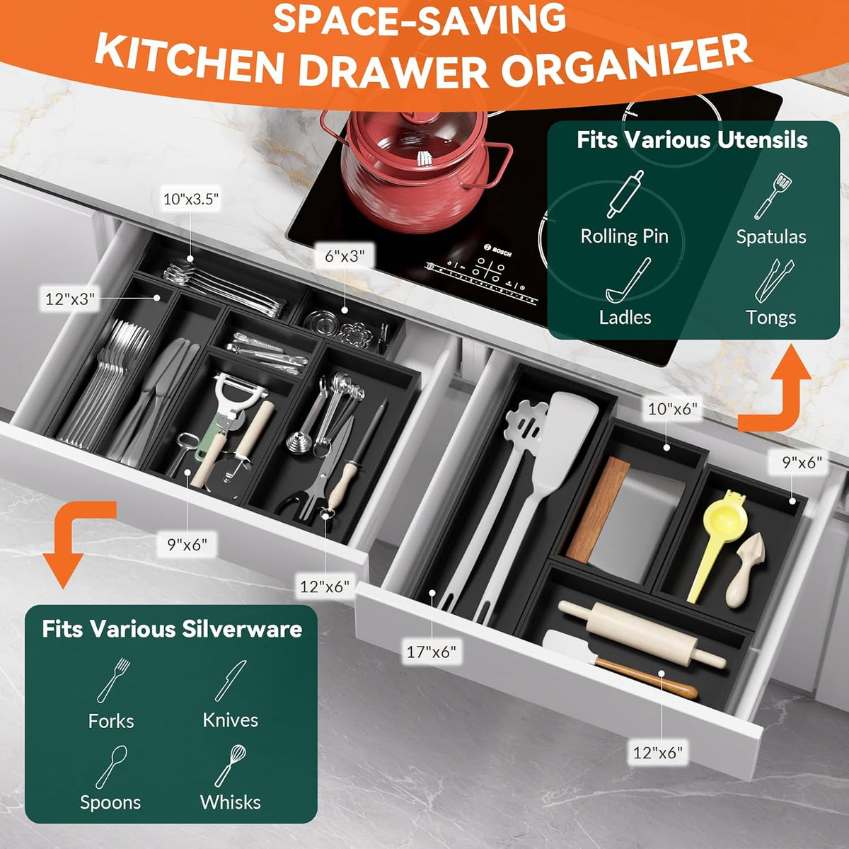 Bamboo Kitchen Drawer Organizer, 2 Pack, 15" x 6" x 2"