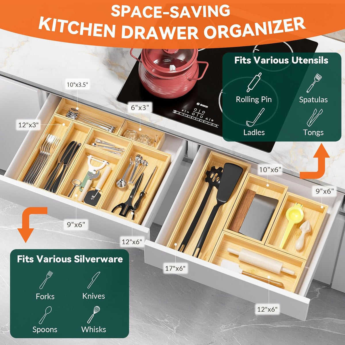 Bamboo Kitchen Drawer Organizer, 2 Pack, 15" x 6" x 2"