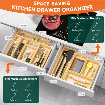Bamboo Kitchen Drawer Organizer, 2 Pack, 15" x 6" x 2"
