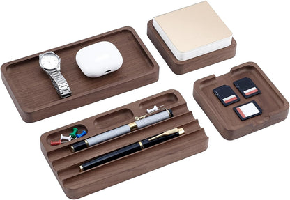 4Pcs Wooden Desk Organizer Tray with Pen Holder, Men Valet Tray