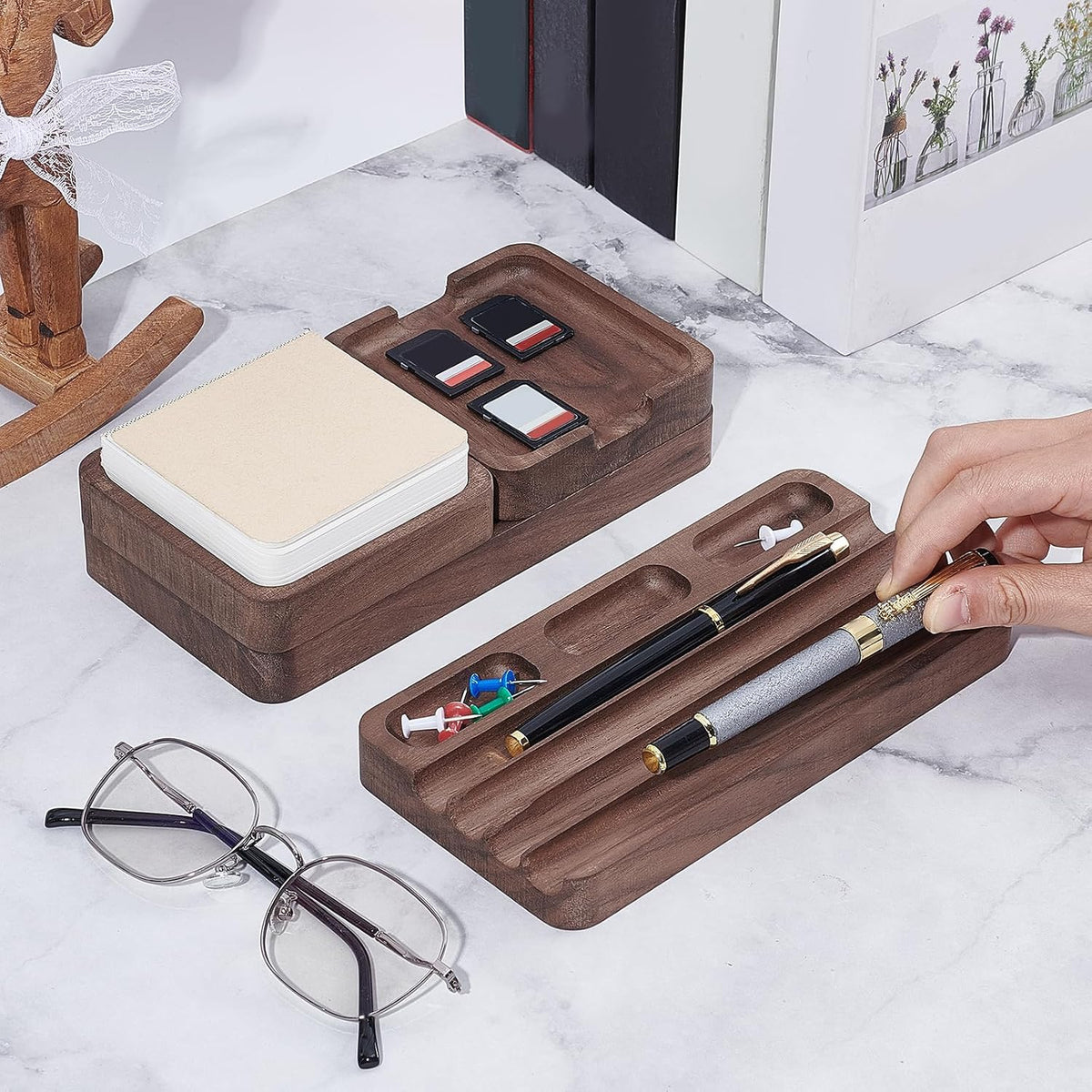 4Pcs Wooden Desk Organizer Tray with Pen Holder, Men Valet Tray