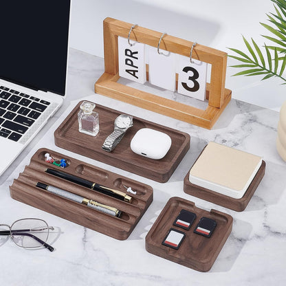 4Pcs Wooden Desk Organizer Tray with Pen Holder, Men Valet Tray