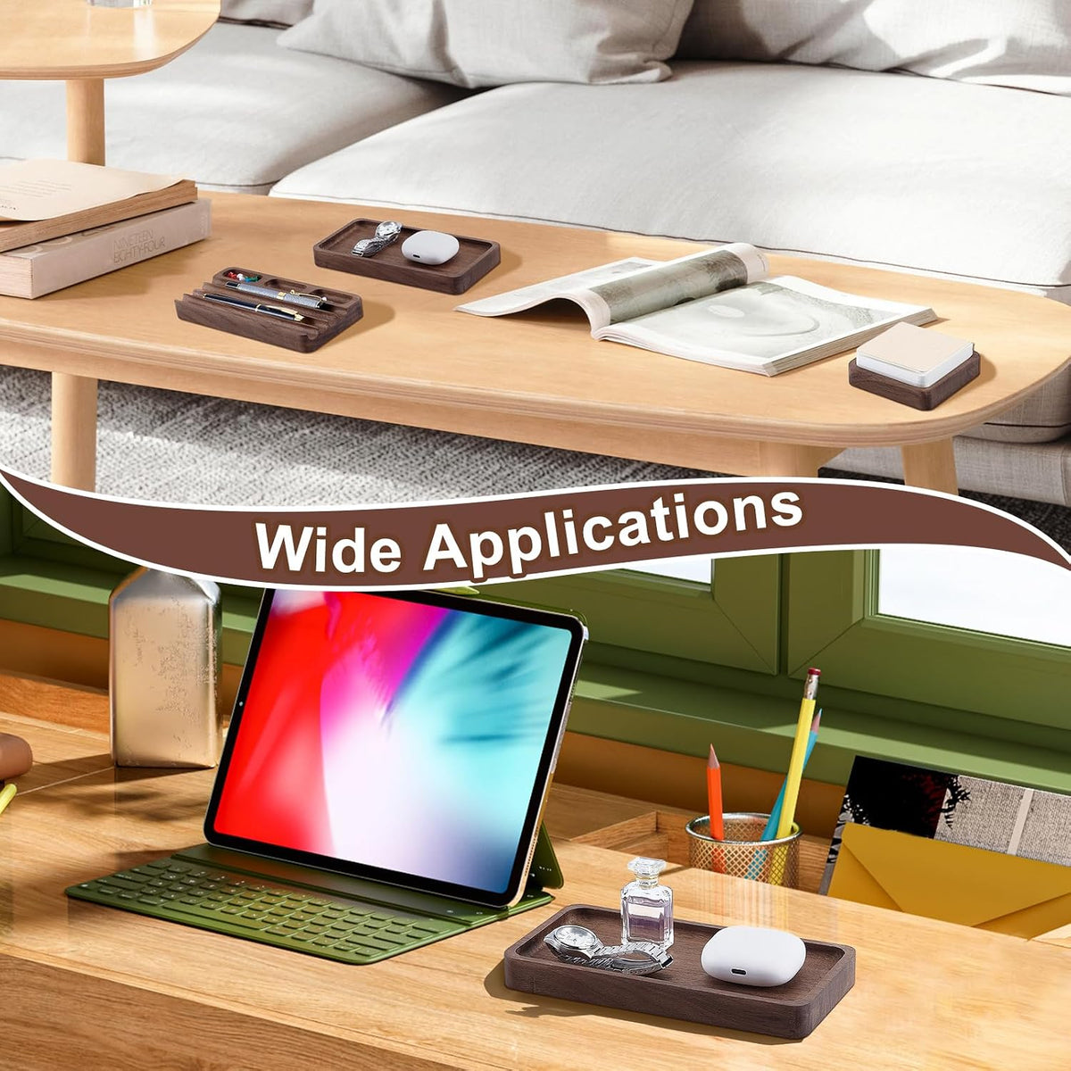 4Pcs Wooden Desk Organizer Tray with Pen Holder, Men Valet Tray