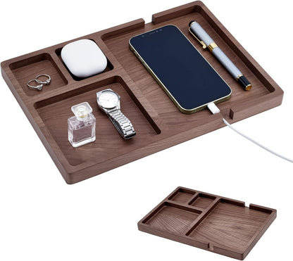 4Pcs Wooden Desk Organizer Tray with Pen Holder, Men Valet Tray