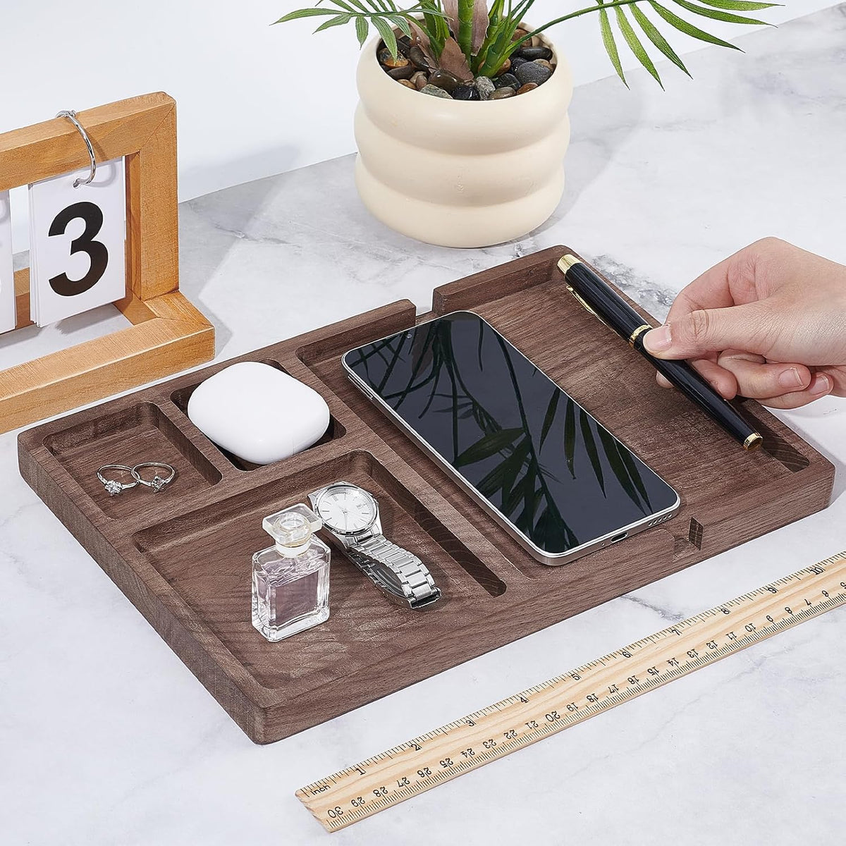 4Pcs Wooden Desk Organizer Tray with Pen Holder, Men Valet Tray