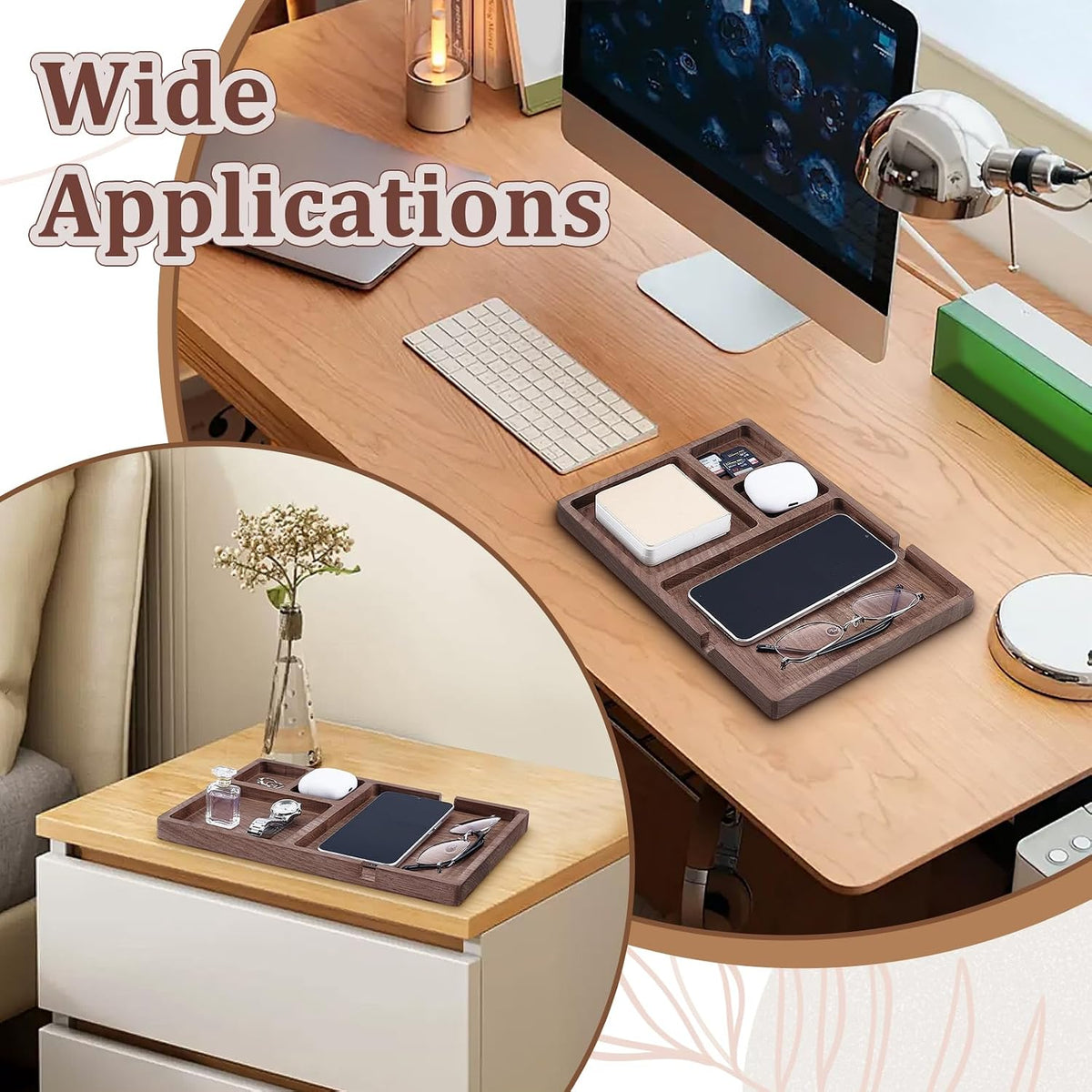 4Pcs Wooden Desk Organizer Tray with Pen Holder, Men Valet Tray