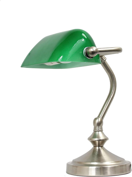 LT3057-GRN Brushed Nickel Mini Traditional Banker's Lamp with Glass Shade, Green