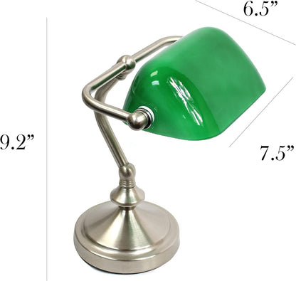 LT3057-GRN Brushed Nickel Mini Traditional Banker's Lamp with Glass Shade, Green