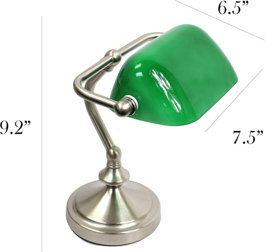 LT3057-GRN Brushed Nickel Mini Traditional Banker's Lamp with Glass Shade, Green