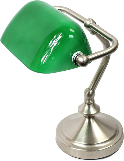 LT3057-GRN Brushed Nickel Mini Traditional Banker's Lamp with Glass Shade, Green