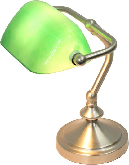 LT3057-GRN Brushed Nickel Mini Traditional Banker's Lamp with Glass Shade, Green
